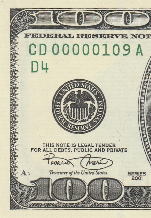 RARE 3 DIGIT | FANCY | Very Low Serial | 2001 $100 FRN | CD 00000109 A | CRISP