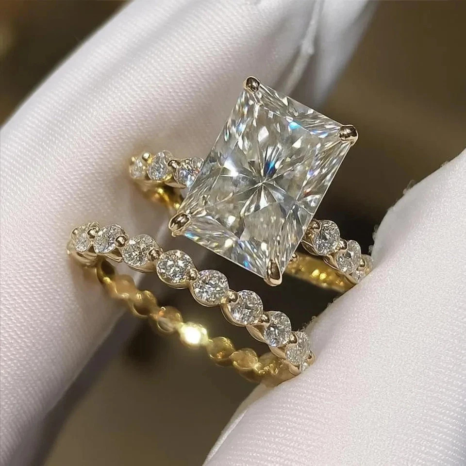 4.60 Ct Radiant-Cut VS Lab Grown Diamond Wedding Band Ring Set 14k Yellow Gold