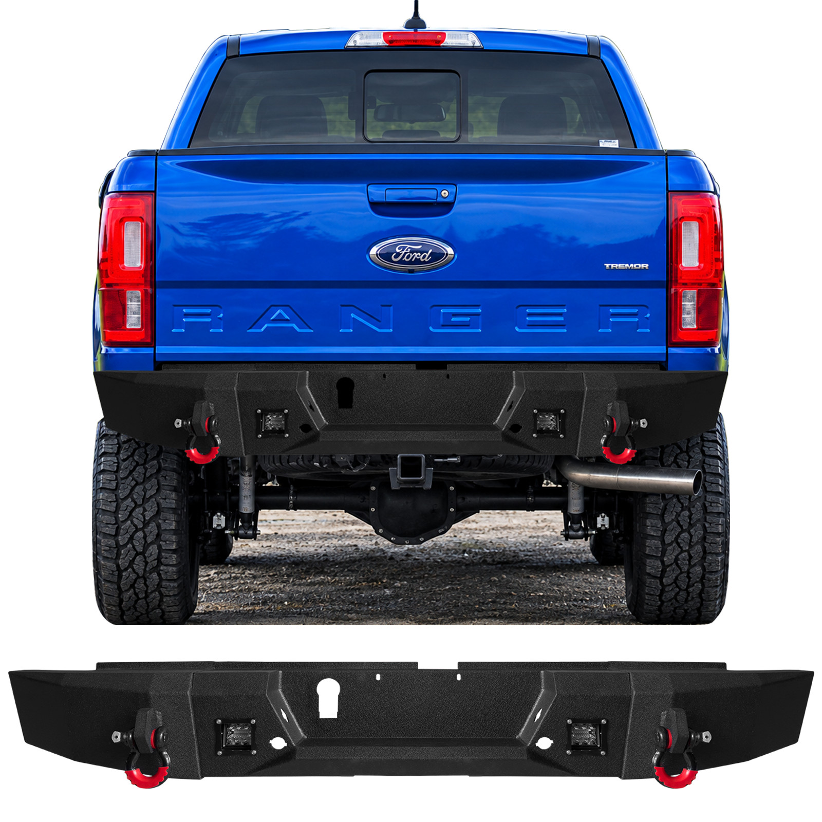 VIJAY Black Steel Rear Bumper w/LED Lights & D‑Rings For 2019‑2023 Ford Ranger