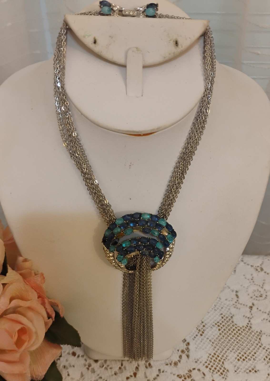 Rare Vintage Signed Crown Trifari Blue Rhinestone Tassel Necklace As Is Rare Vintage Signed Crown Trifari Blue Rhinestone Tassel Necklace As Is