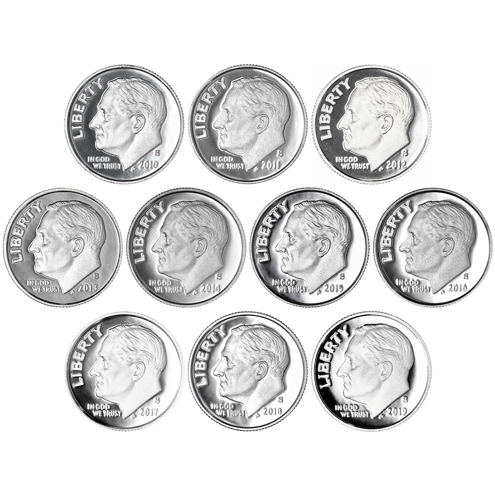 2010-2019 S Roosevelt Dime Gem DCam Proof Run 10 Coin Set CN-Clad 2010-2019 S Roosevelt Dime Gem DCam Proof Run 10 Coin Set CN-Clad