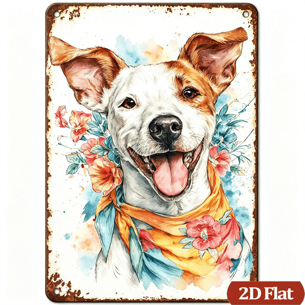 Retro Happy Jack Russell Dog Floral Bandana Metal Sign Rustic Tin Wall Decor