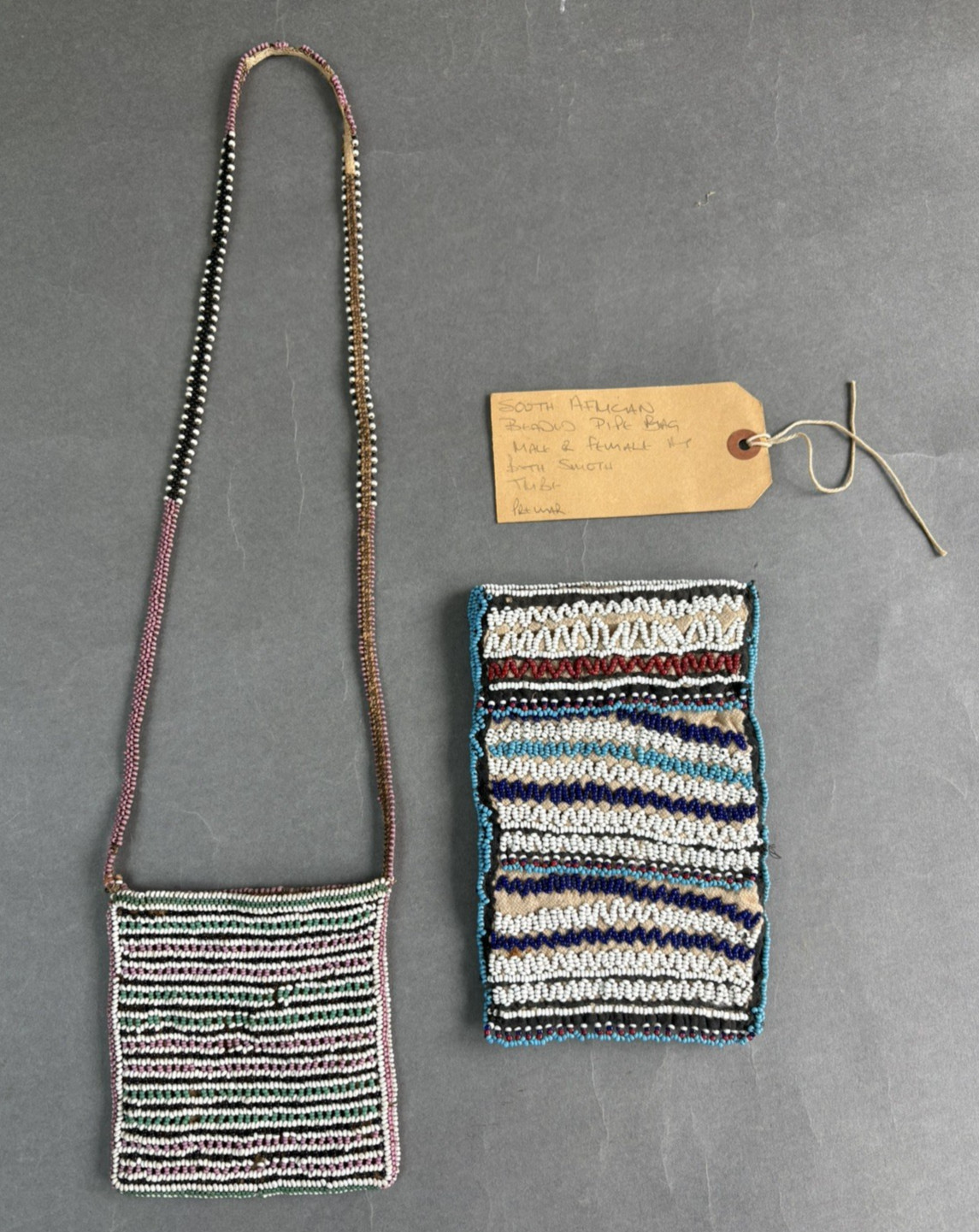 TWO ANTIQUE SOUTH AFRICAN TRIBAL ART ZULU MFENGU BEADWORK BEADED BAGS POUCHES