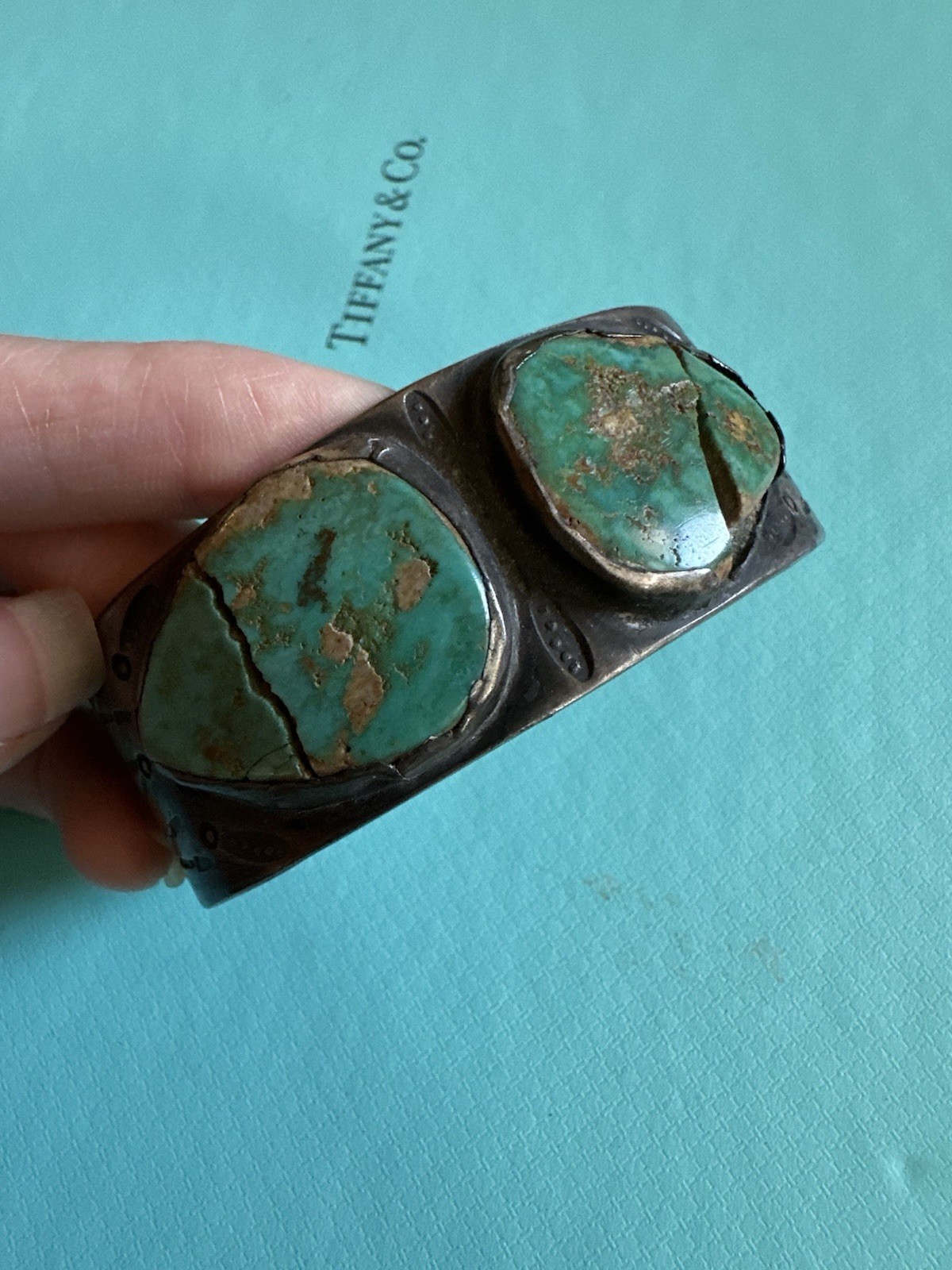 Vintage Old 40s Native Whirling Log Sterling And Crack Turquoise Bracelet