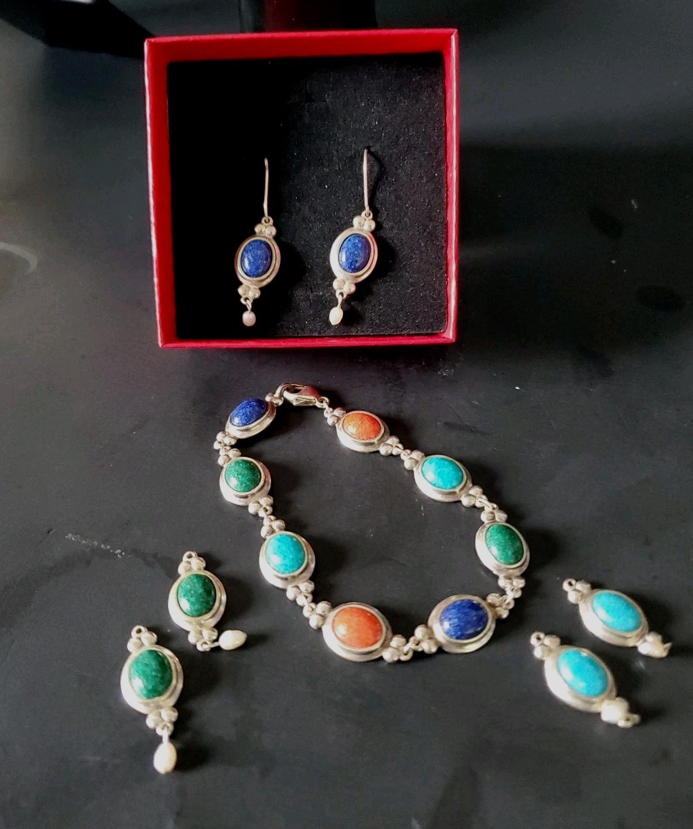 SET VINTAGE CCO STERLING SILVER 925 MULTI-GEMSTONE BRACELET AND 3-IN-1 EARRINGS