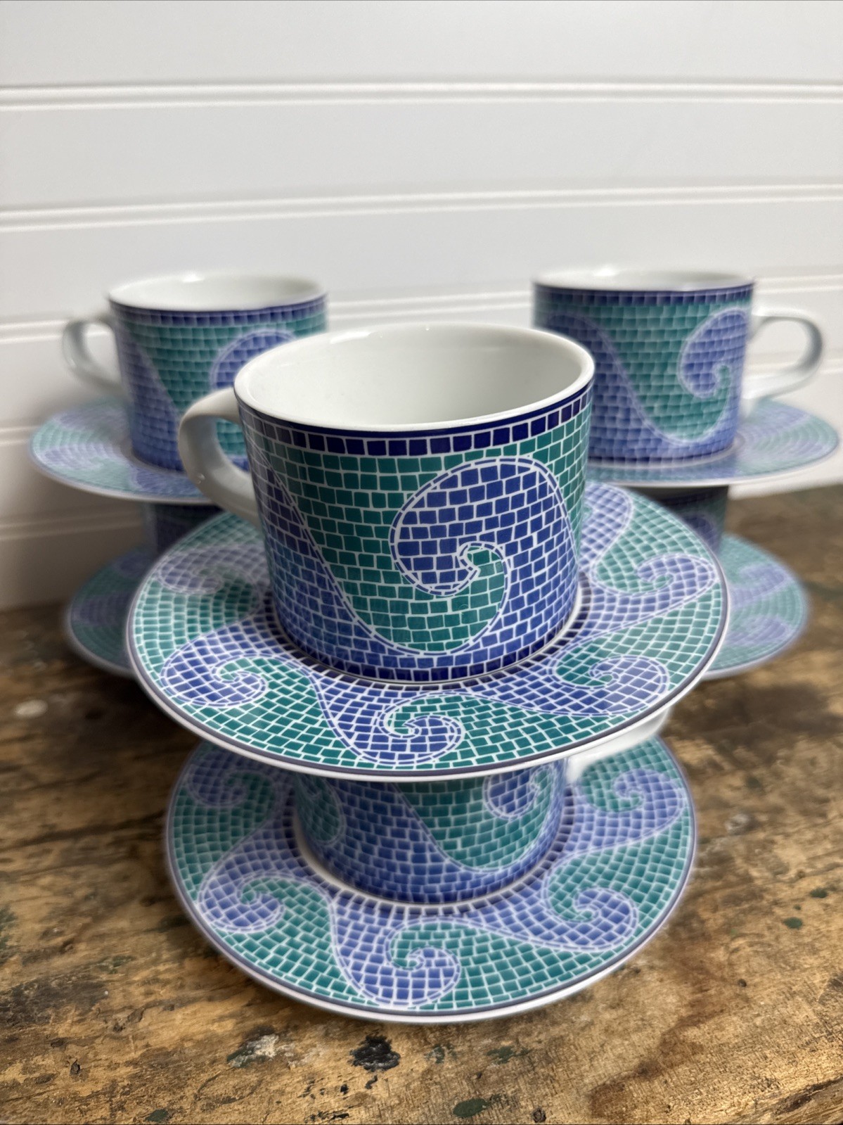 Stacking Dansk Mosaic Wave Mugs cups With Saucers Vintage Replacement 1990s