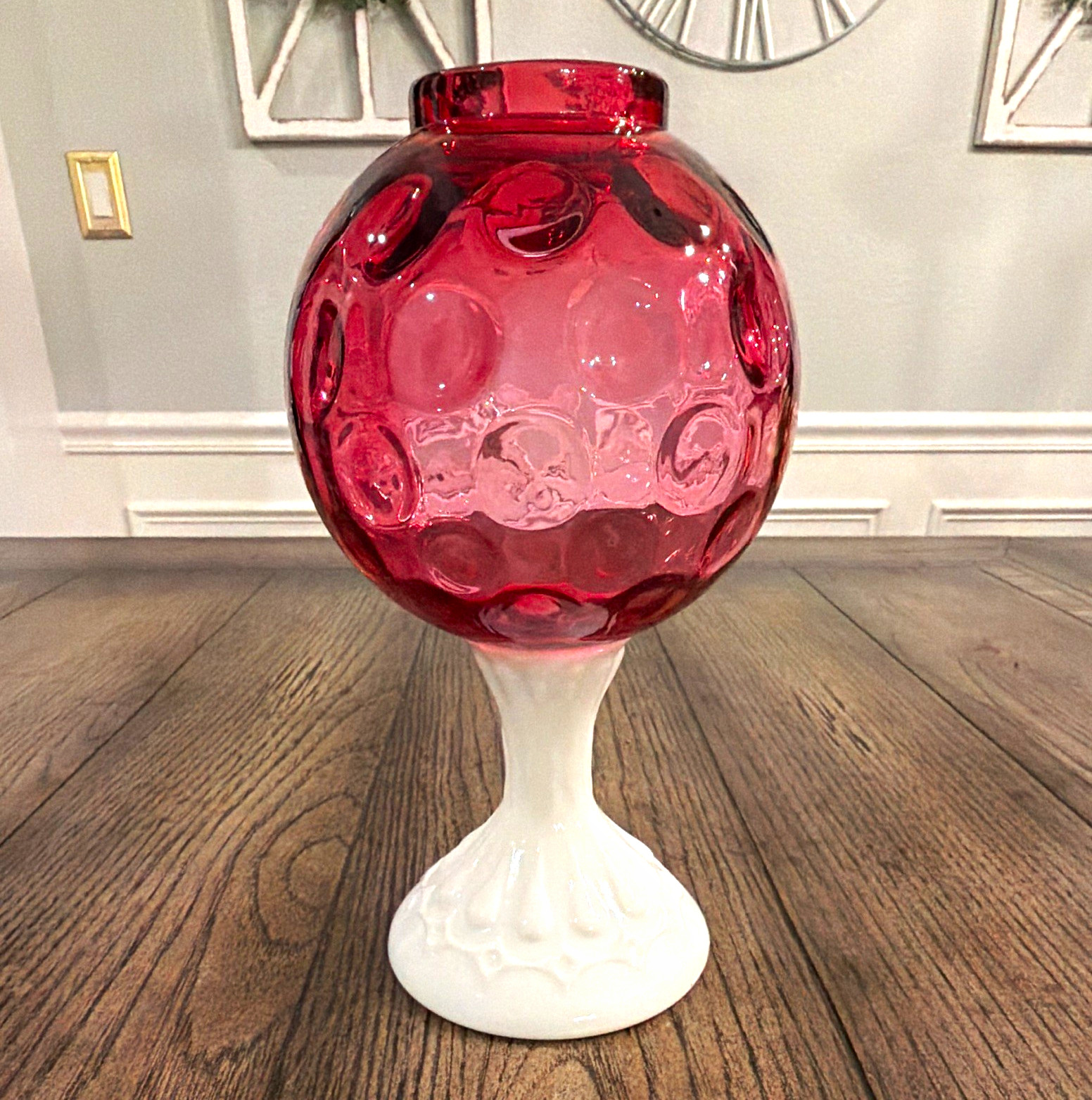 Vintage MCM 1970's Dot Optic Ruby And Milk Glass Tall Fairy Lamp 9 1/2 Vintage MCM 1970's Dot Optic Ruby And Milk Glass Tall Fairy Lamp 9 1/2