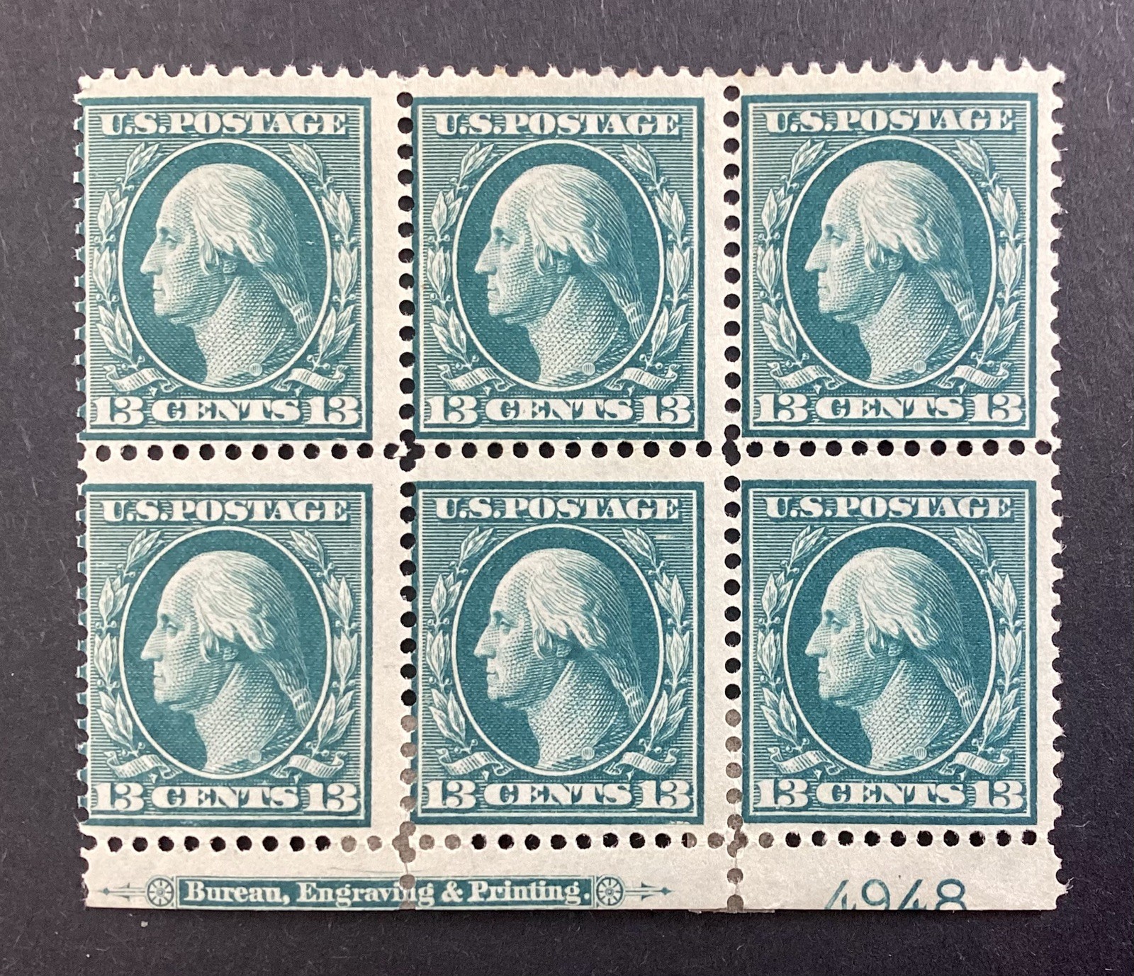 US Scott 339 13c Washington Plate Block of 6 #4948 OG Hinged Reinforced Faults