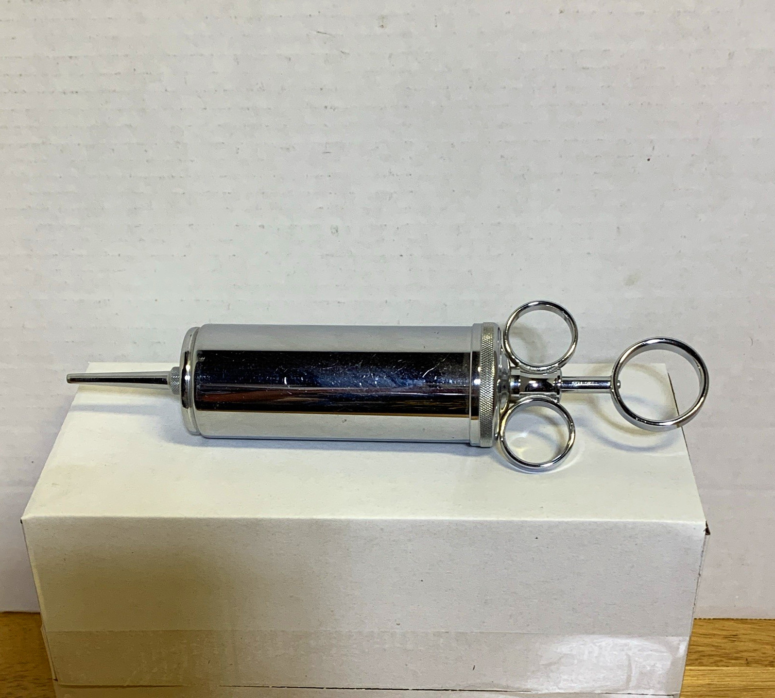 Metal Ring Handle Syringe w/ Finger Ring Plunger, Luer Lock Tip vintage Metal Ring Handle Syringe w/ Finger Ring Plunger, Luer Lock Tip vintage