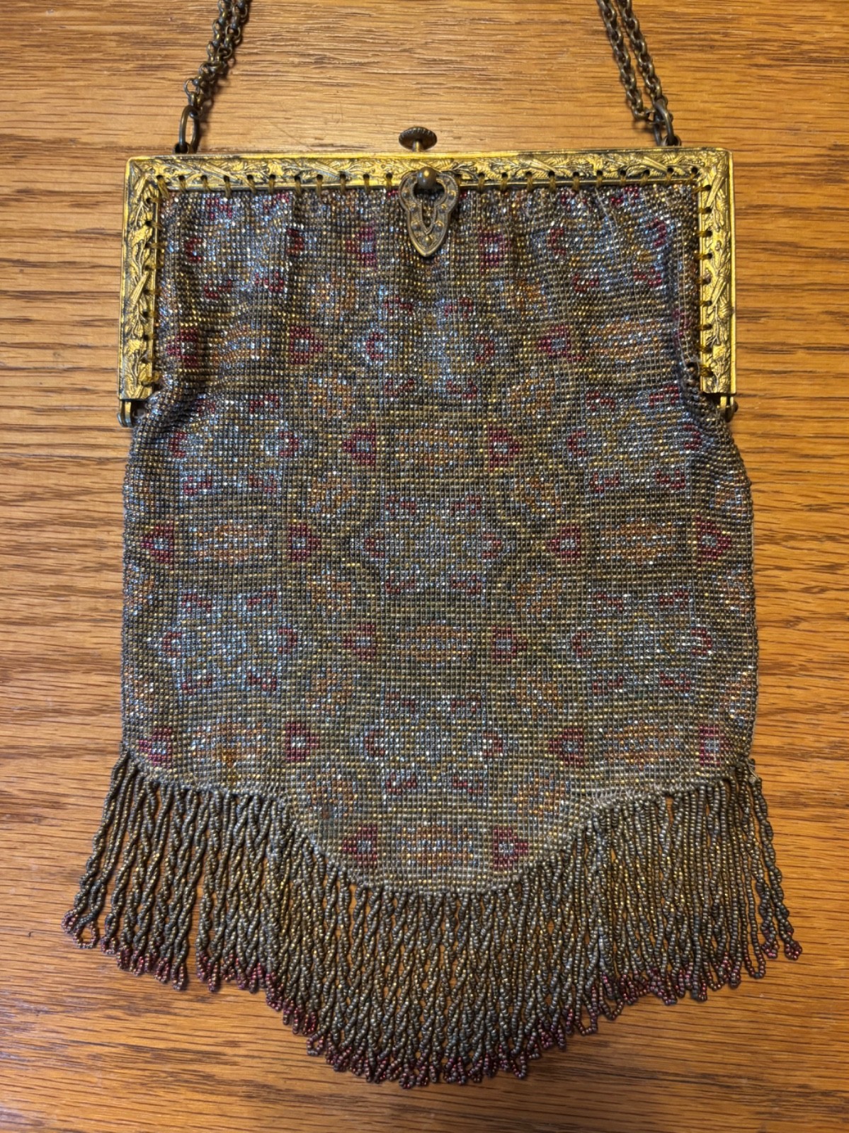 Antique FRENCH Micro-BEADED Flapper Era PURSE/Hand-Bag-Ornate BRASS Frame&Chain