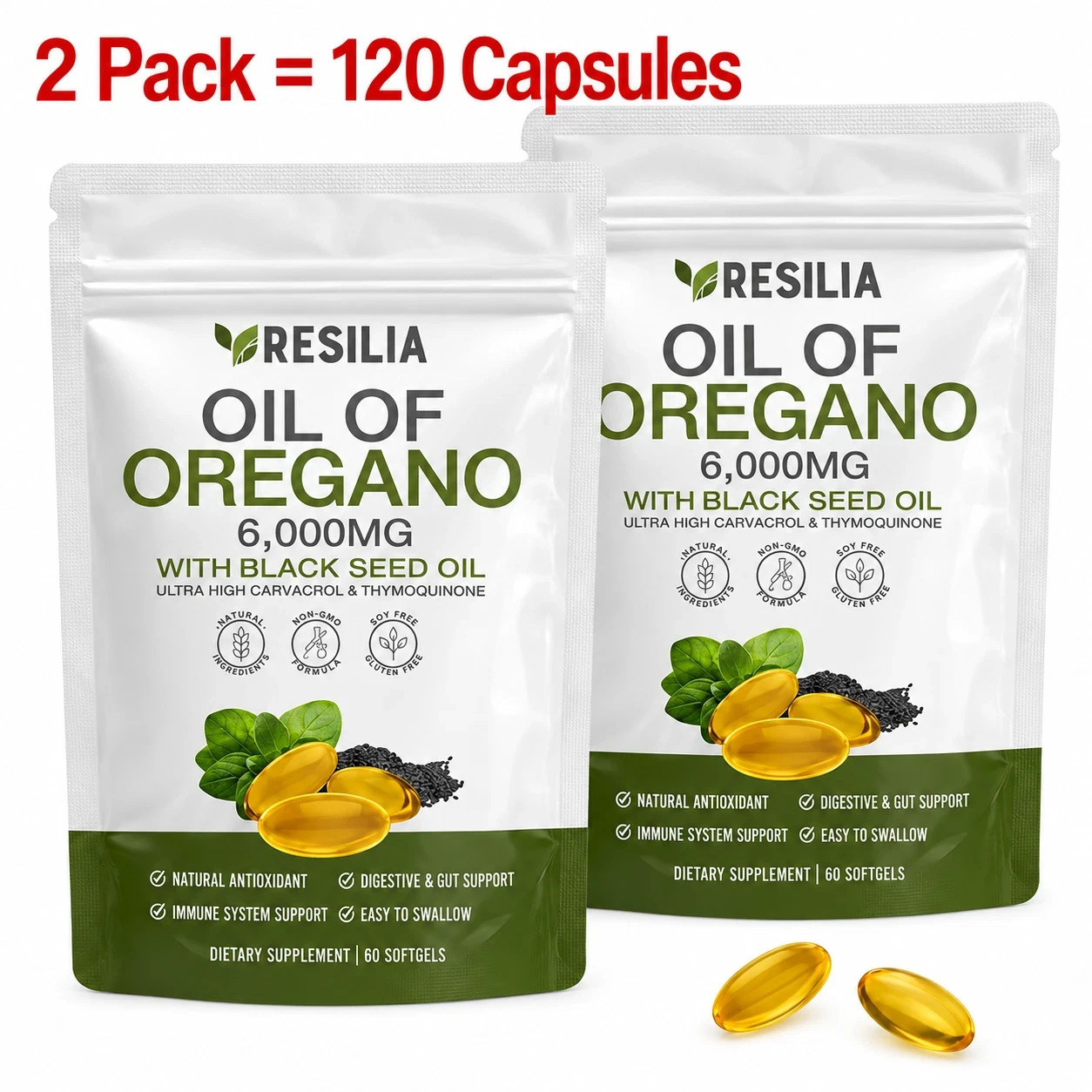2 Pack Resilia Oil of Oregano 6000mg with Black Seed Oil Softgels – 120 Capsules