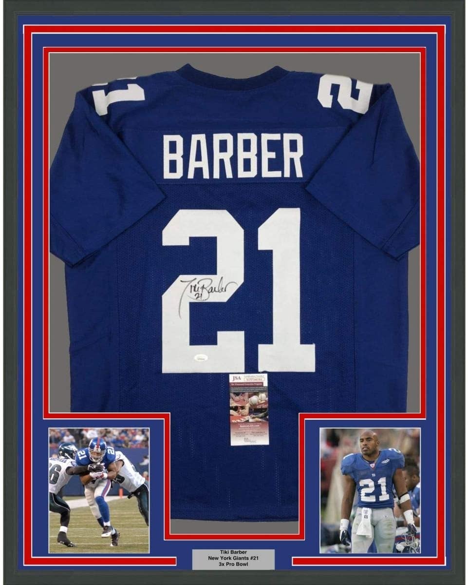 Framed Autographed/Signed Tiki Barber 35x39 New York Blue Jersey JSA COA Framed Autographed/Signed Tiki Barber 35x39 New York Blue Jersey JSA COA