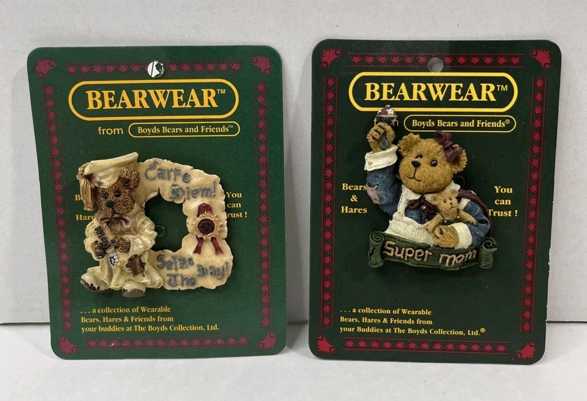 Boyds Bears and Friends - Bearwear Pin Lot of 2 - Super Mom & Carpe Diem - New