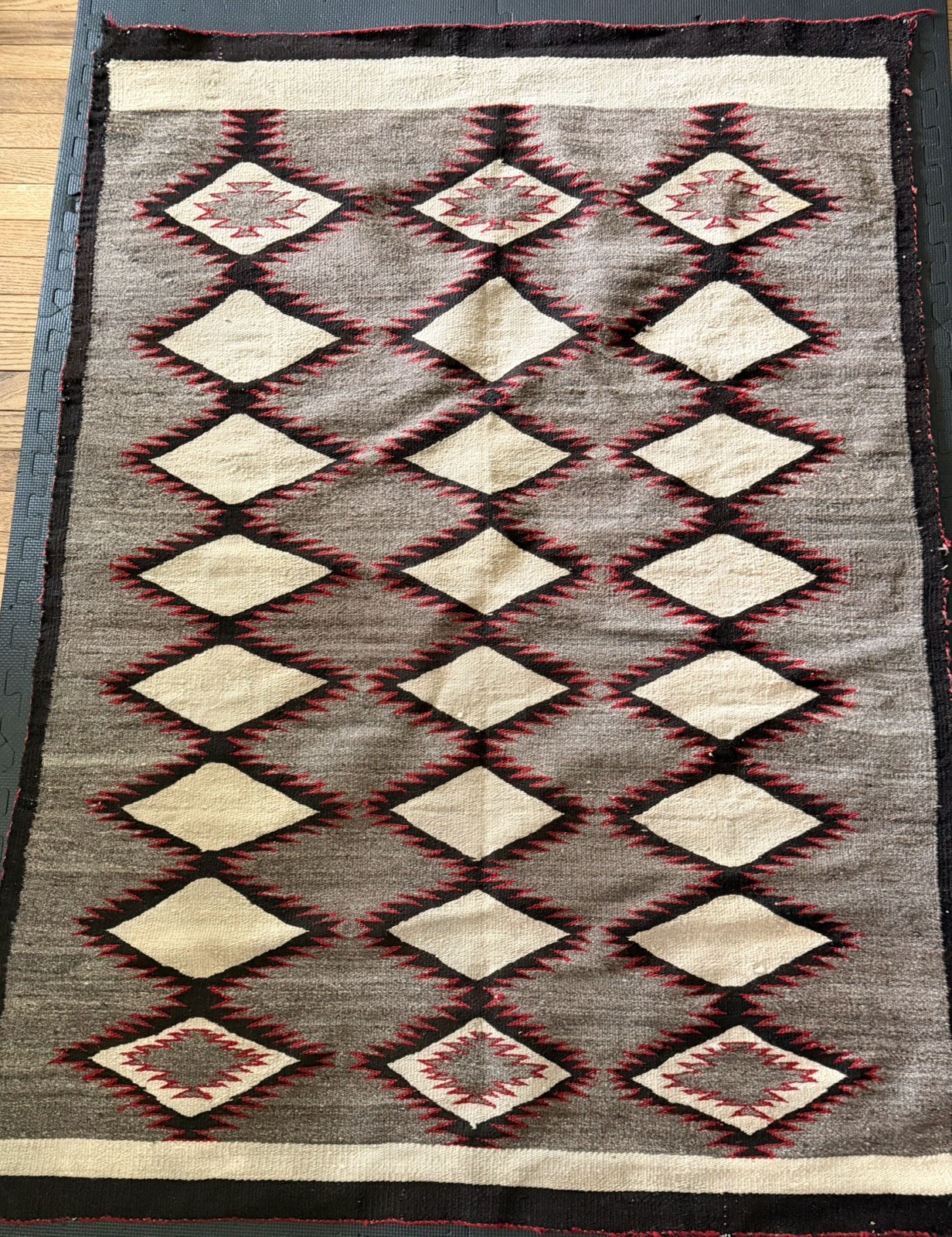 Antique Native American Navajo 63”x45” Wool Rug Diamond  Blanket Vintage NICE