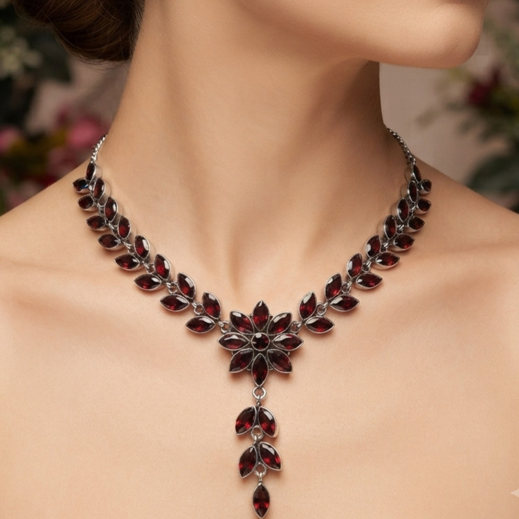 Red Garnet Gemstone Handmade 925 Sterling Silver Jewelry Necklace Size-17-18\