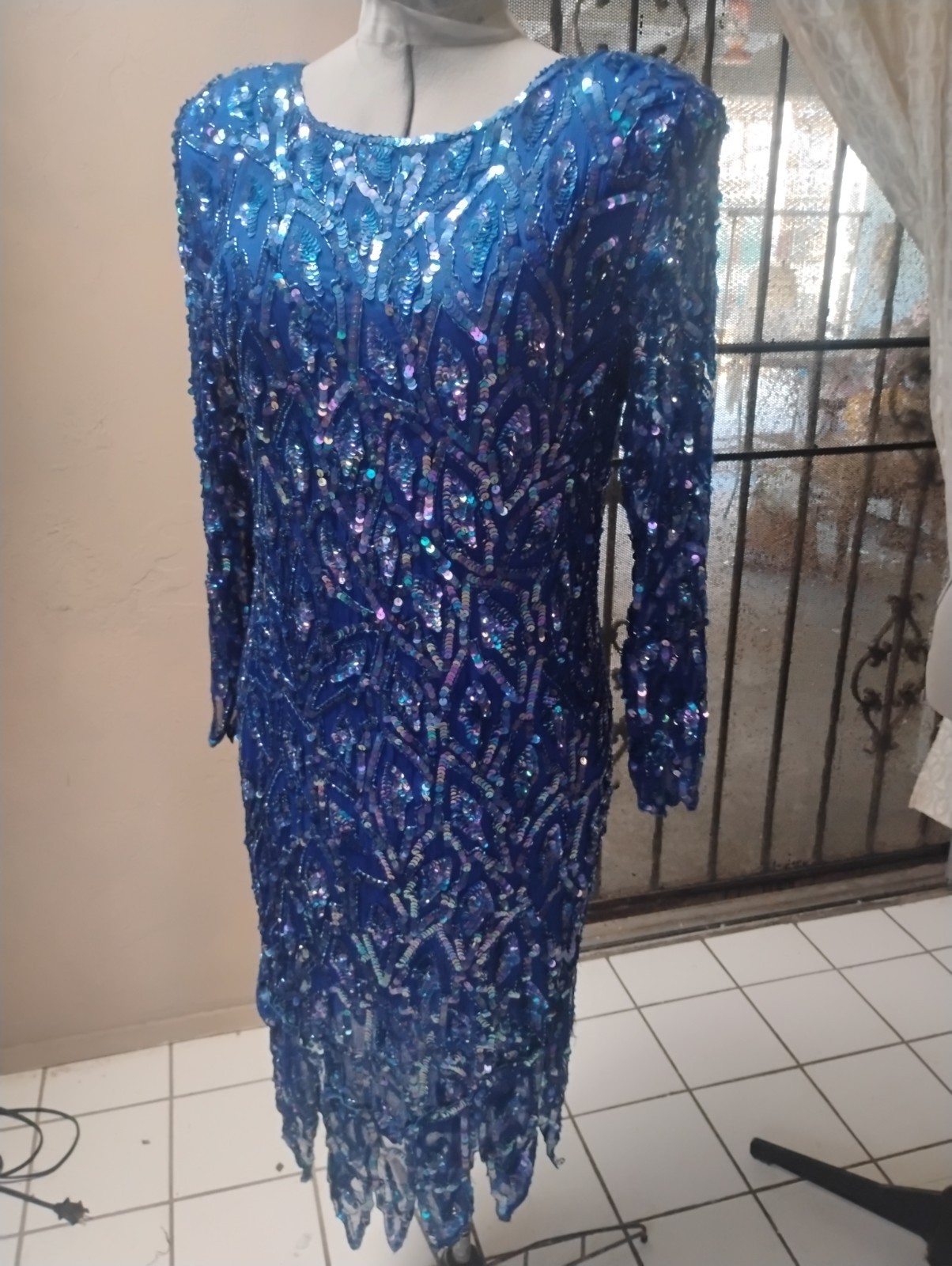 VTG Swee Lo Royal Blue Silk Sequin Beaded Leaf Cocktail Dress Sz 16