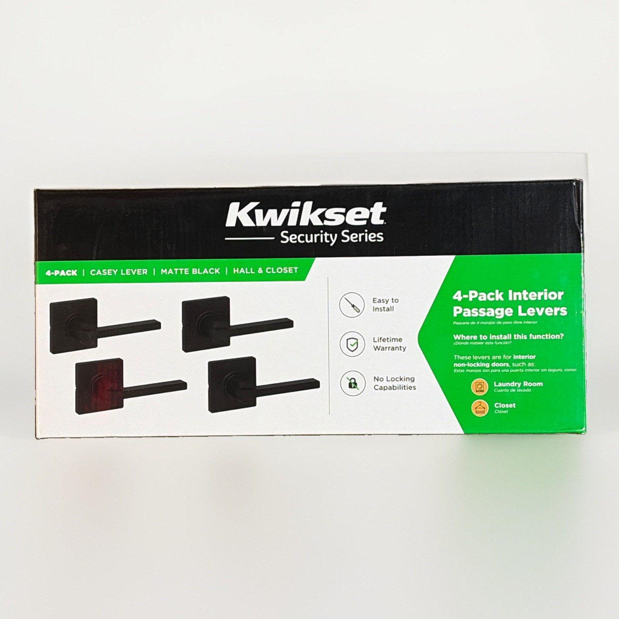 4-Pack Kwikset Casey Hallway Passage Door Handle Lever Reversible Matte Black