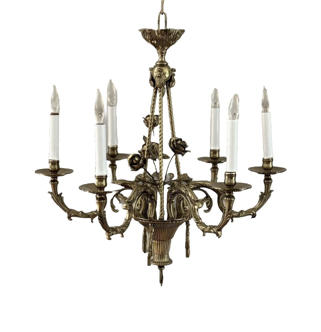 Antique French Brass Art Nouveau No Crystal Flower Basket Chandelier SPAIN Antique French Brass Art Nouveau No Crystal Flower Basket Chandelier SPAIN