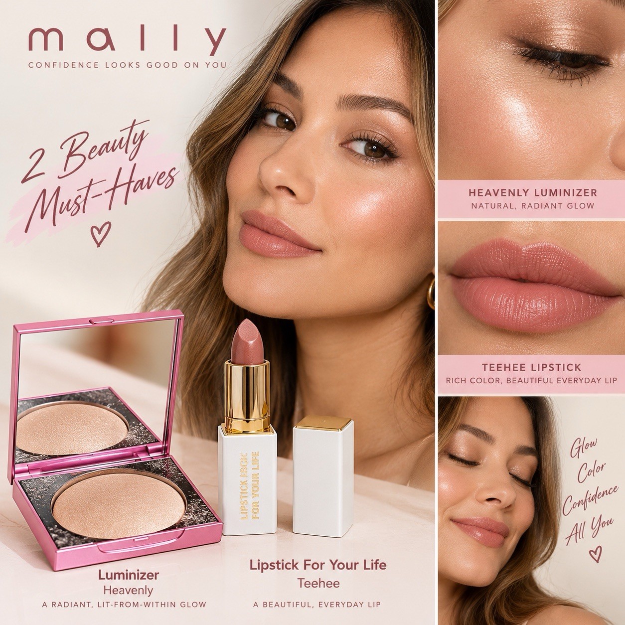 Mally Beauty 2pc Bundle Heavenly Luminizer + Teehee Lipstick Full Size