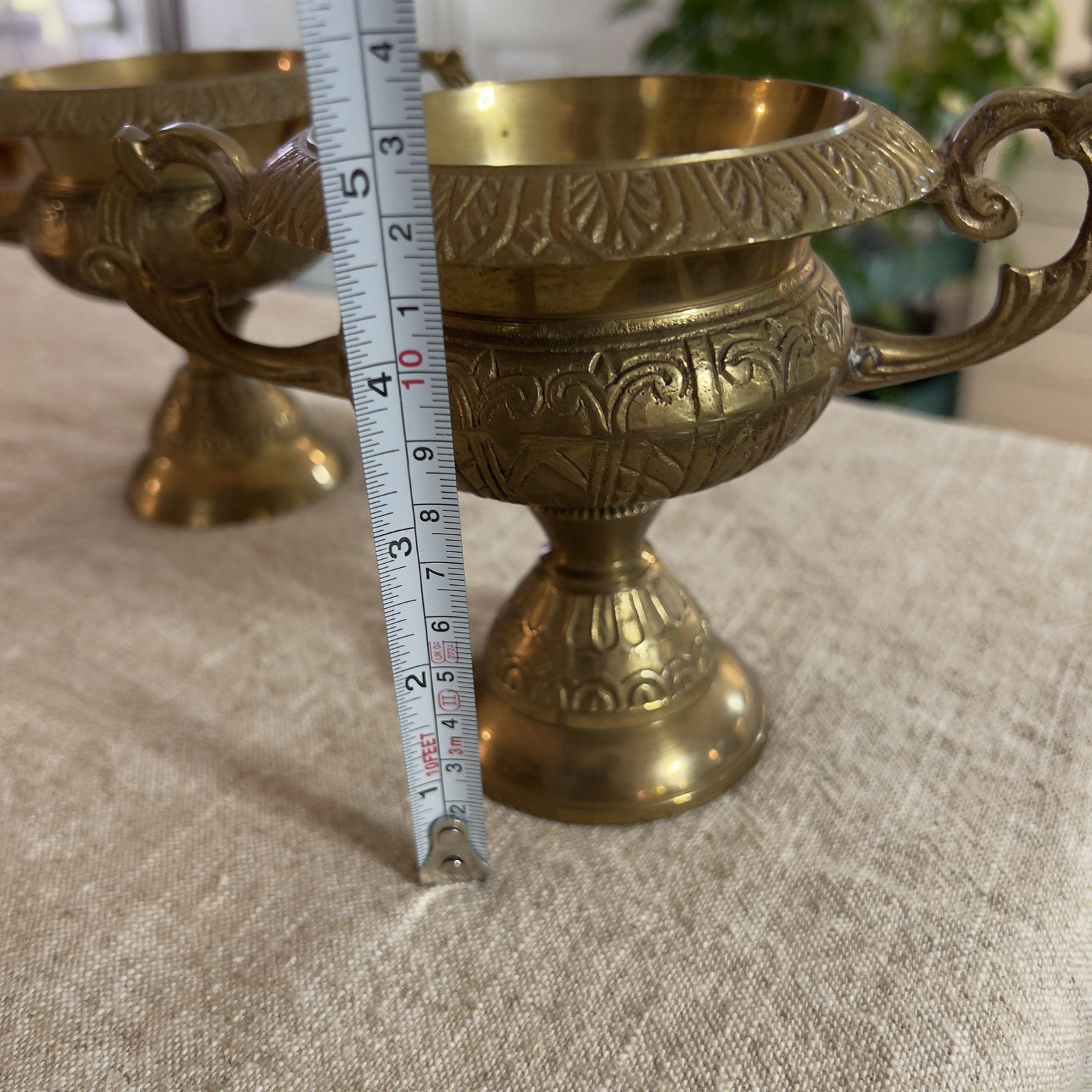 Vintage Pair of Solid Brass Ornate Double Handled Pedestal Vessel Vintage Pair of Solid Brass Ornate Double Handled Pedestal Vessel