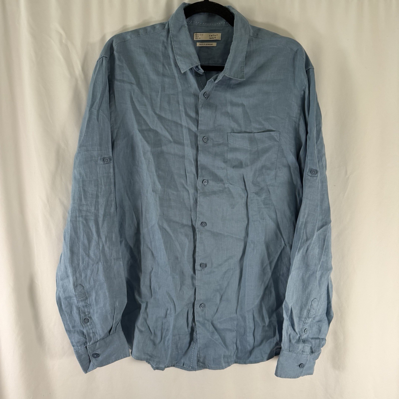 Celio 100% Linen Shirt Men\'s 15 Blue Regular Fit Long Sleeve Button Up Collared Celio 100% Linen Shirt Men\'s 15 Blue Regular Fit Long Sleeve Button Up Collared
