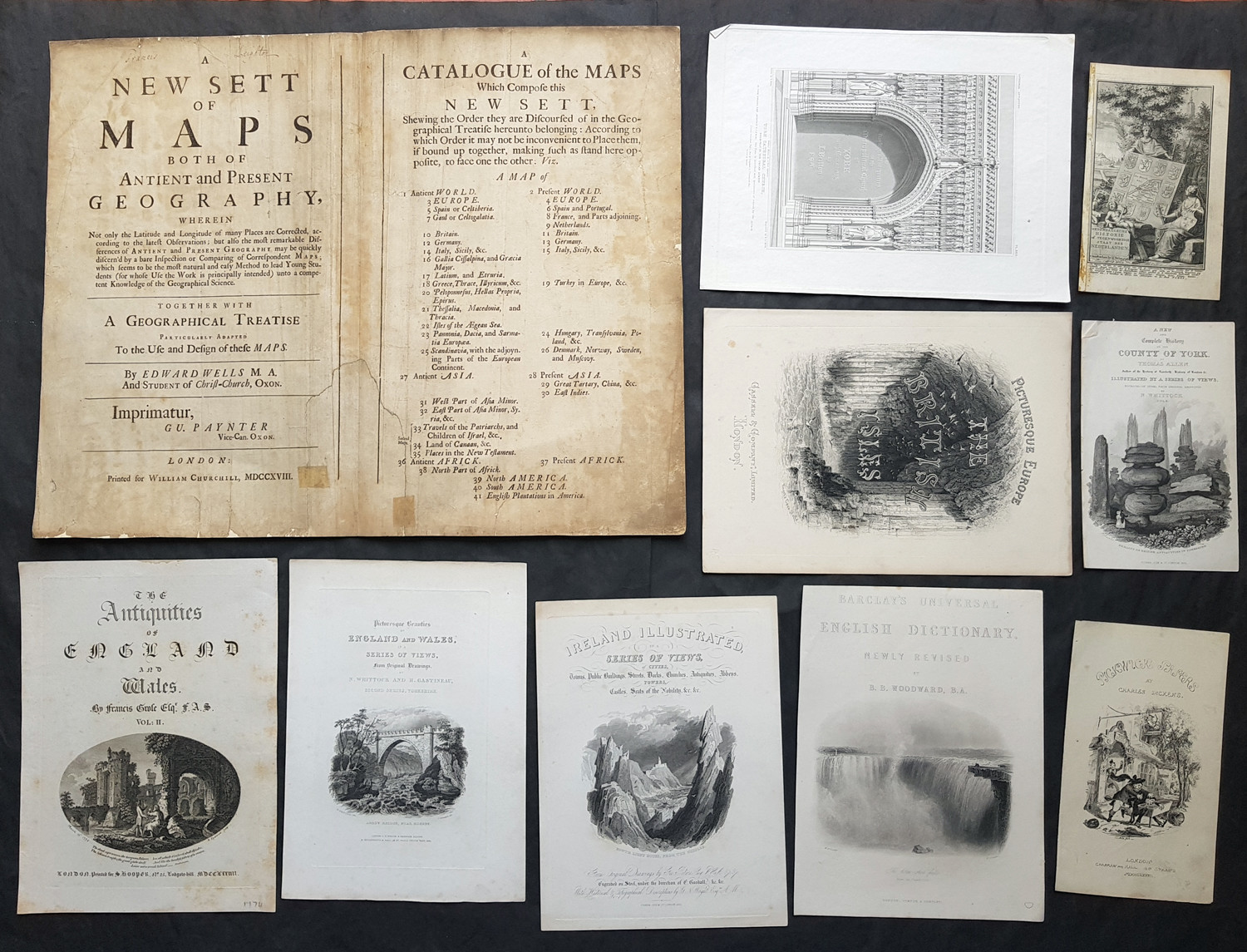 18th, 19th century x 10 Antique Title Pages, Frontispieces Atlases ,Books