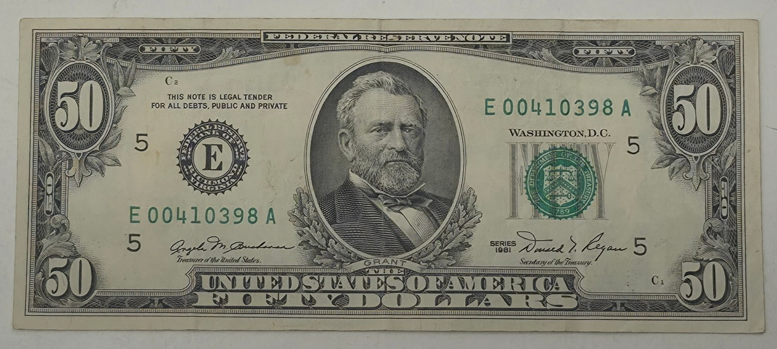 VINTAGE 1981 SERIES $50 LOW SERIAL NUMBER E00410398A RICHMOND FIFTY DOLLAR BILL