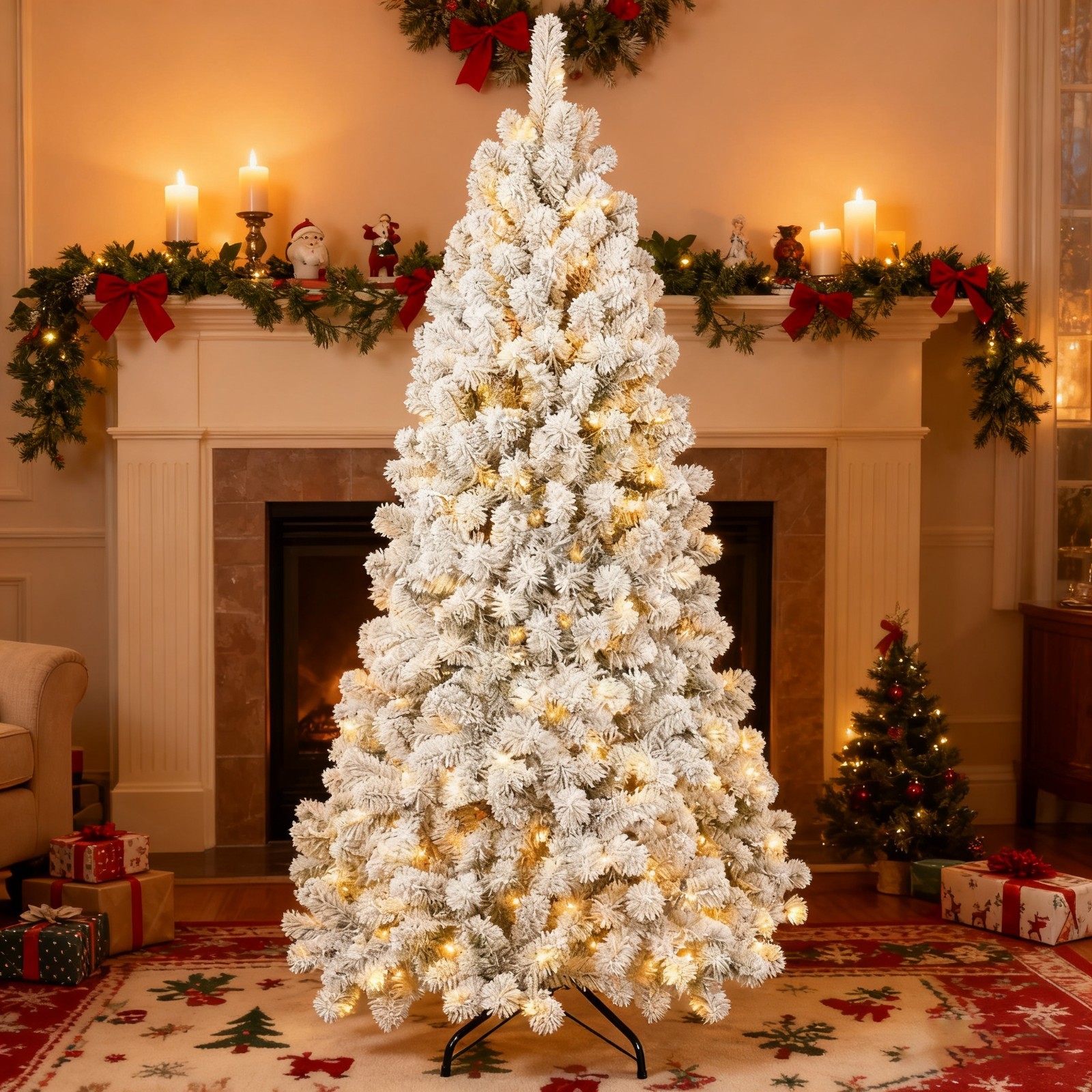 5/6/7 ft Prelit Snow Flocked Christmas Tree White Artificial Xmas Tree w/Stand