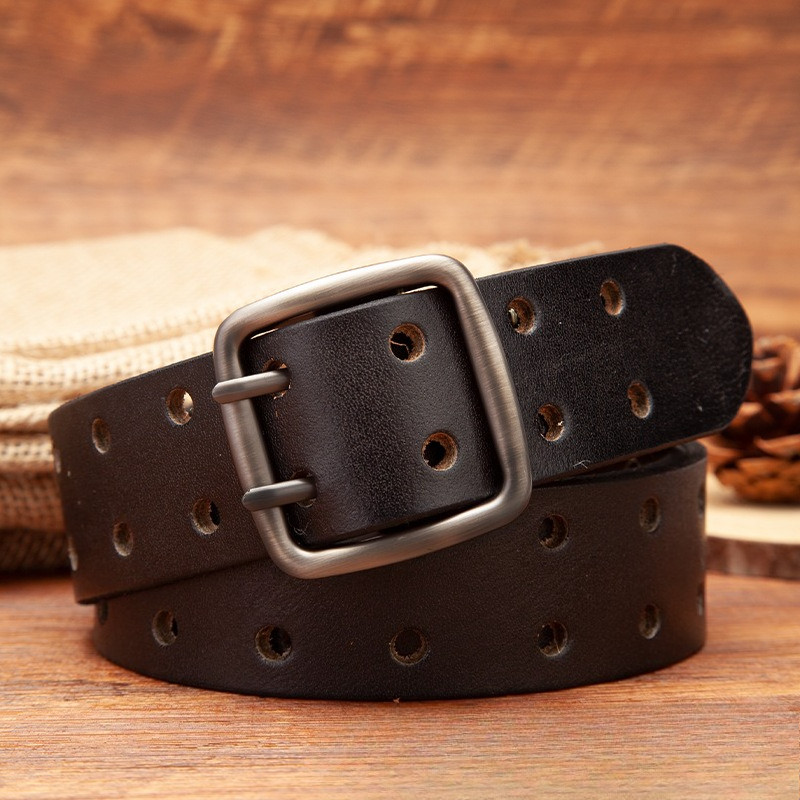 Men\'s Belt Retro Punk Style Cowhide Leather Double Hole Heavy Duty Width 3.7cm Men\'s Belt Retro Punk Style Cowhide Leather Double Hole Heavy Duty Width 3.7cm