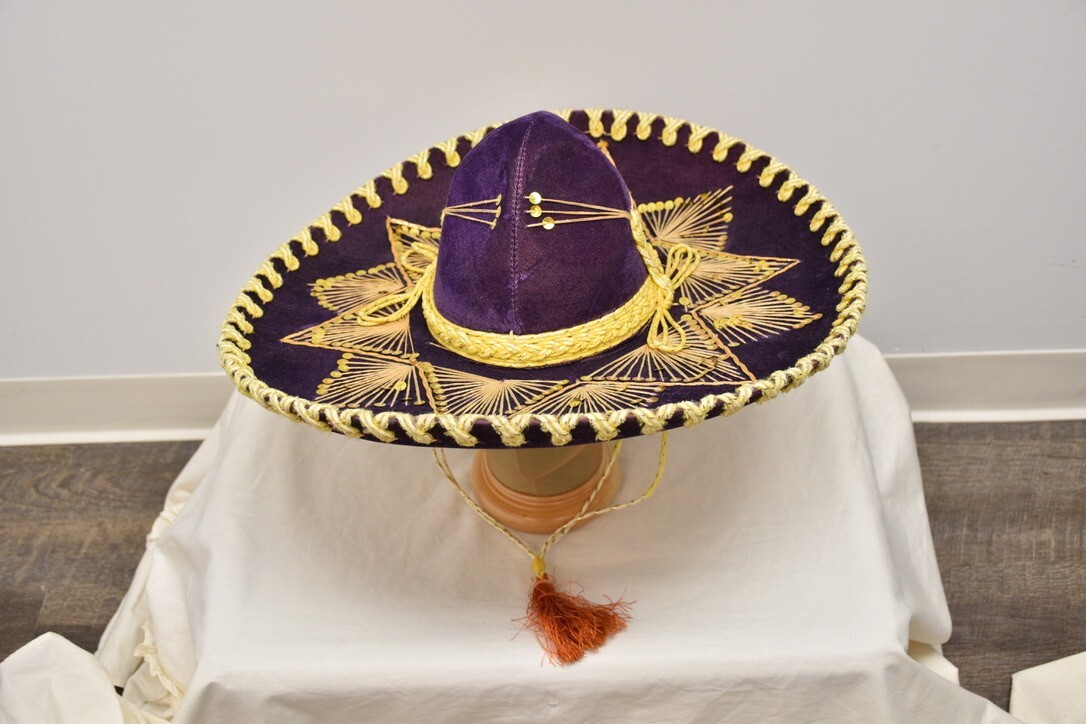 Vintage Pigalle Mexican purple, gold Velvet Sombrero Western Mariachi Hat. Vintage Pigalle Mexican purple, gold Velvet Sombrero Western Mariachi Hat.