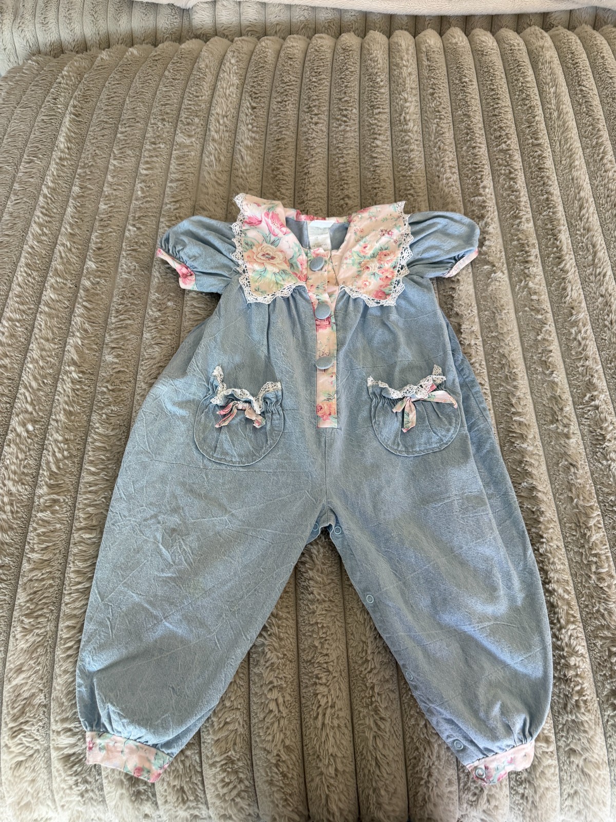 VTG Muflings Chambray Floral Lace Blue Pink Romper Girls 24 Month USA