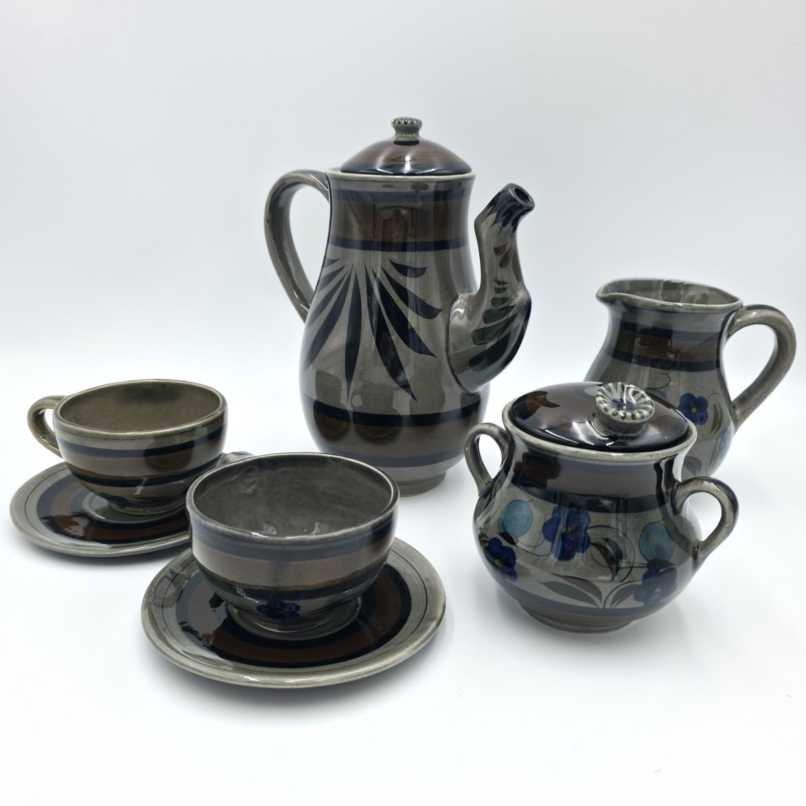 Vintage Mexican Tonalá Style Pottery Tea Coffee Set Blue Floral MEXICO 9 Pc