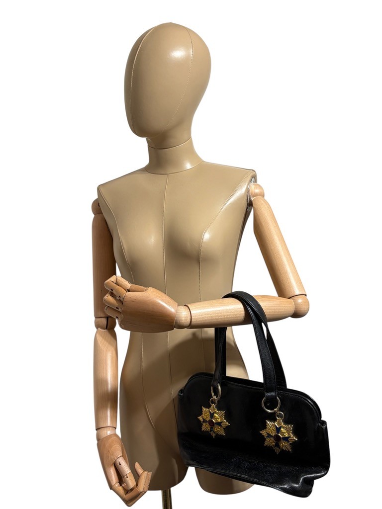 Vtg Gianni Versace Black Leather Byzantine Cross Bag