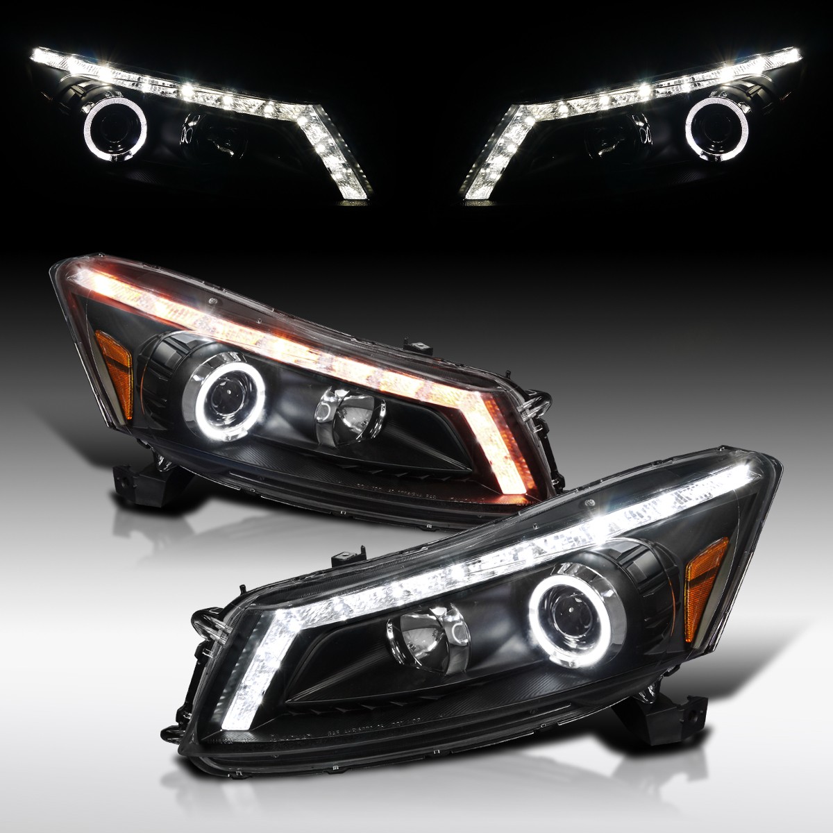 Fit 2008-2012 Honda Accord Sedan 4Dr Black LED Halo Projector Headlights Lamps