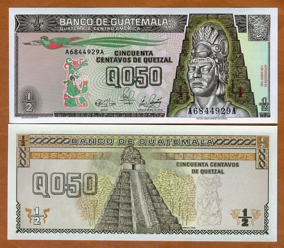 Guatemala, 1/2 Quetzal, 1989, P-72a, UNC Tecun Uman, Mayan Temple