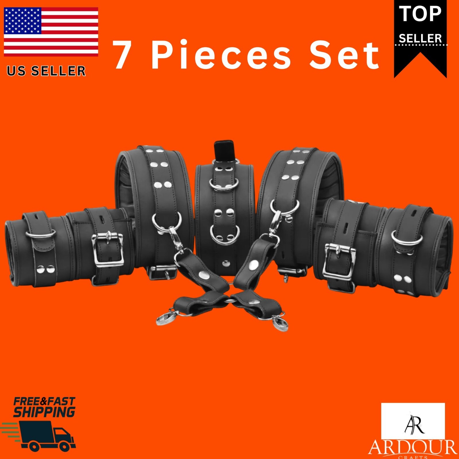 Real Cow Wrist, Ankle, Thigh Cuffs ,Collar Leather Restraint Bondage Set 7 Piece