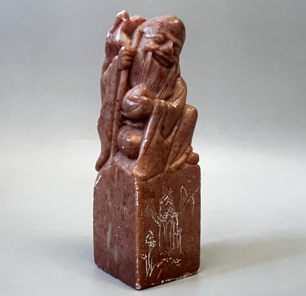 Vtg Chinese Shoushan Stone Chop Seal Carved Shou Lao Immortal Signature Stamp