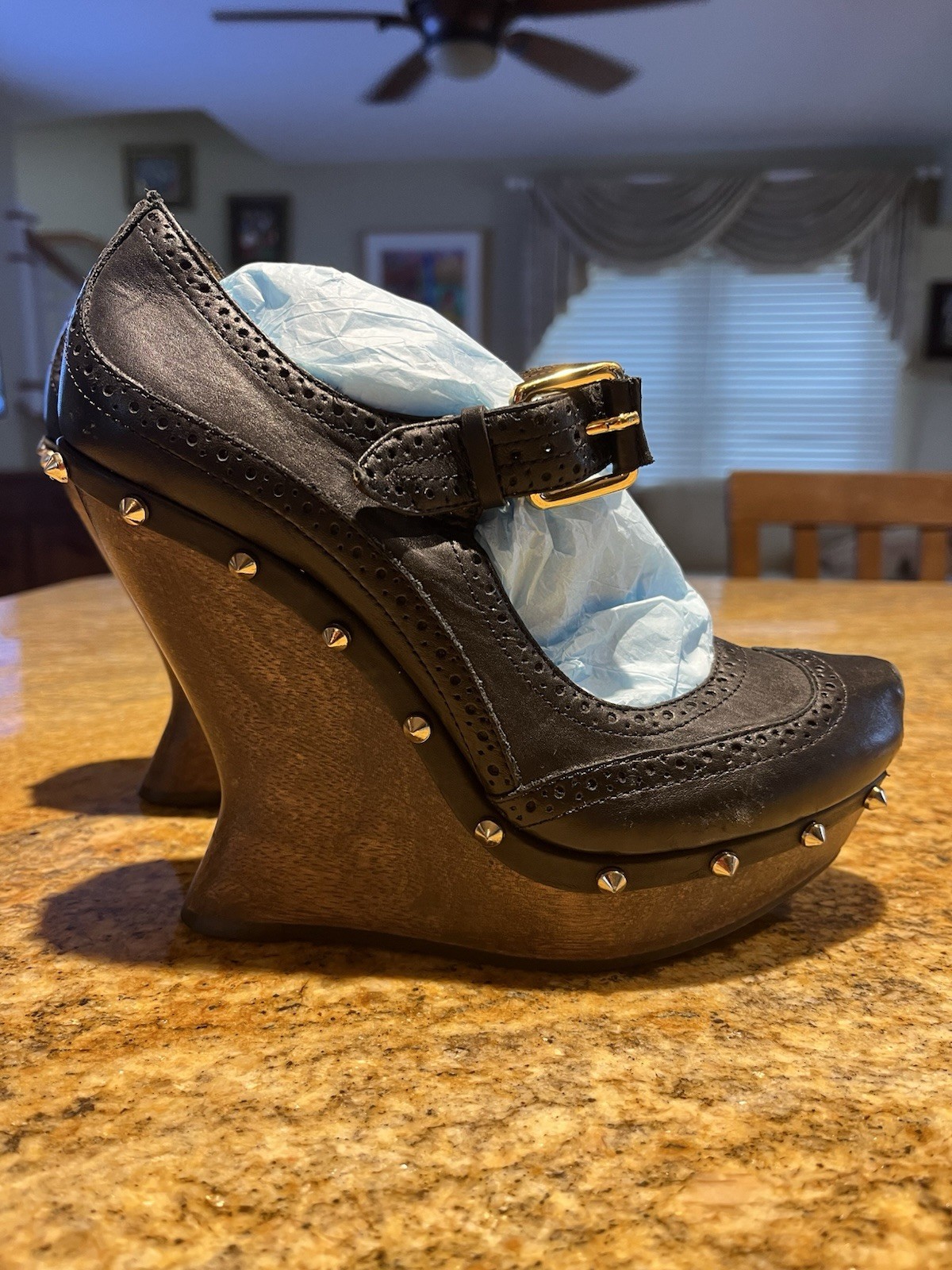 Alexander McQueen Women’s Leather Studded Mary Jane Pumps Wedge Wooden Heel 36