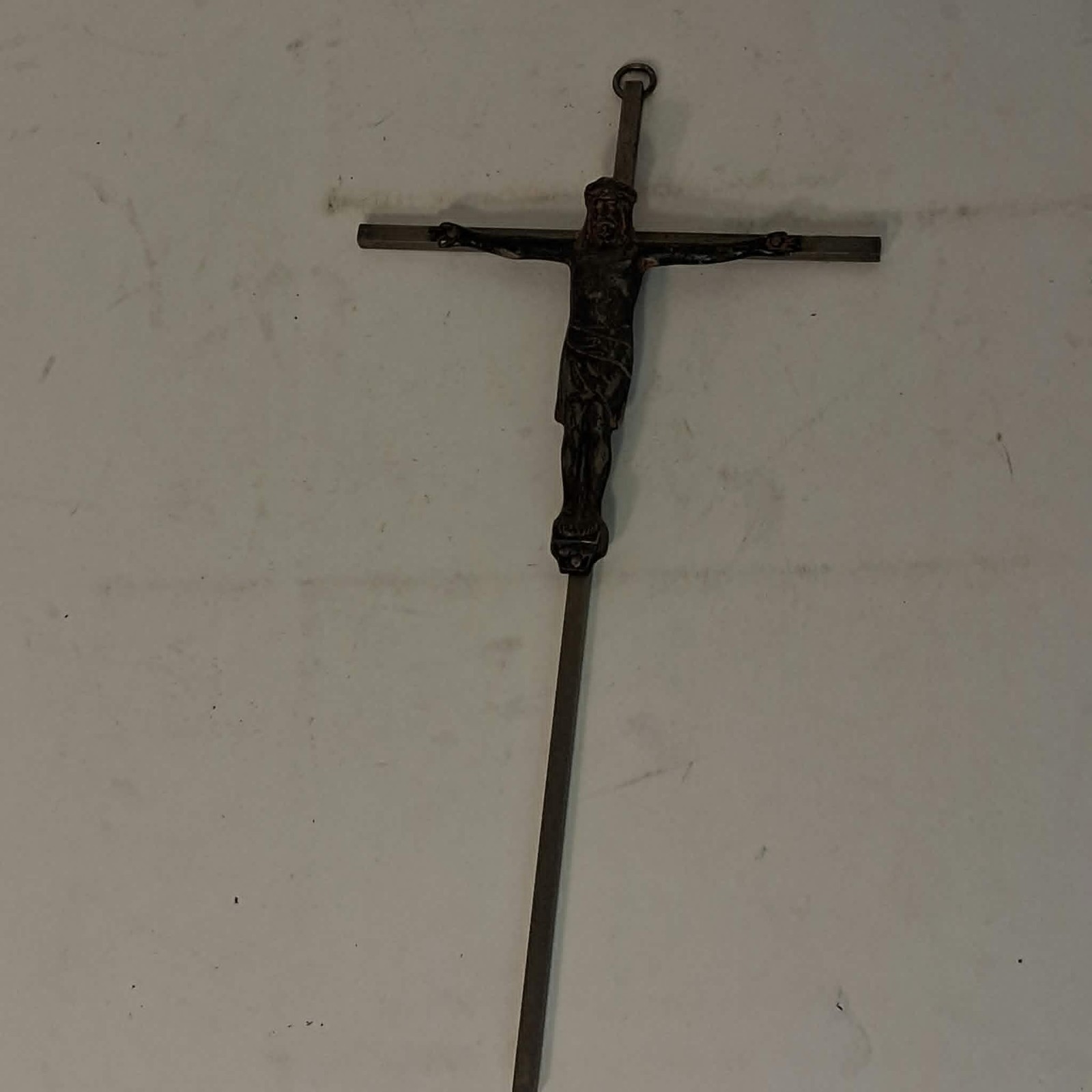 Vintage French Alter Ground Spike Crucifix Metal INRI Church Cross Processional Vintage French Alter Ground Spike Crucifix Metal INRI Church Cross Processional