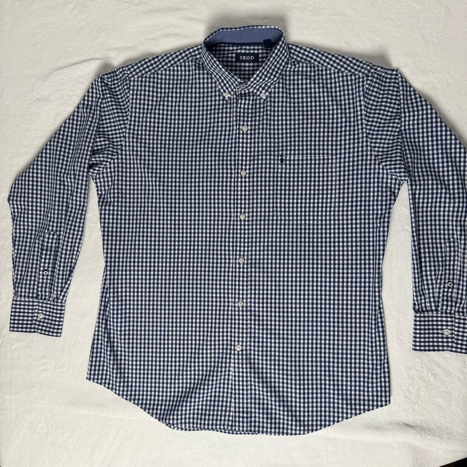 IZOD Mens Navy Blue White Gingham Long Sleeve Button Down Shirt Large IZOD Mens Navy Blue White Gingham Long Sleeve Button Down Shirt Large