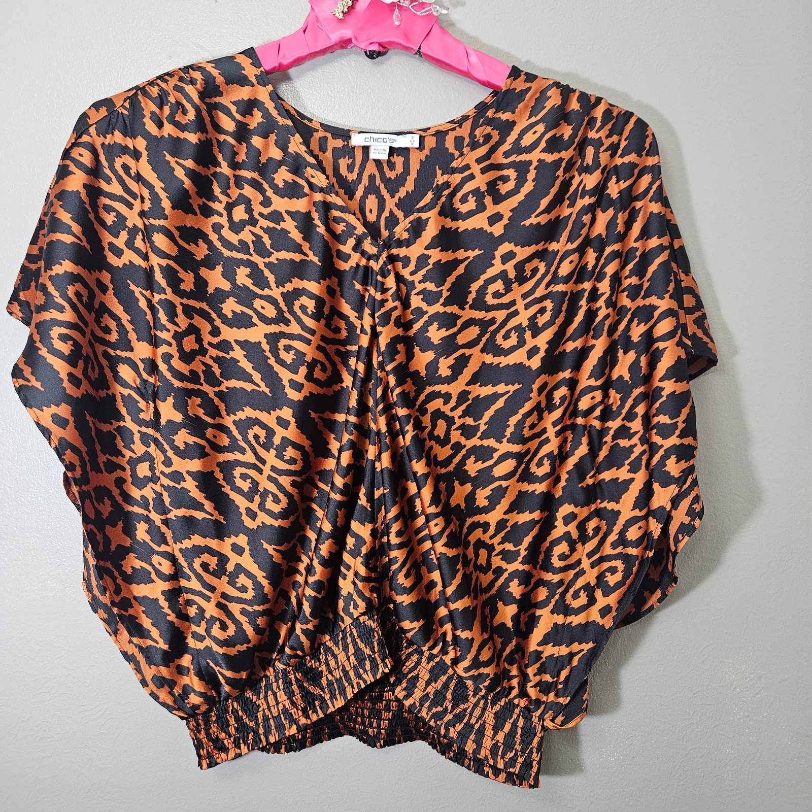 Chico\'s Women\'s Size 2 (US L/12) Orange Navy Ikat Dolman Blouse ArtToWear Chic
