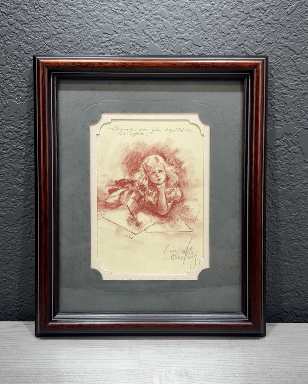 Vintage Connie King Signed Lithograph Print Sanguine Red Chalk Girl Framed