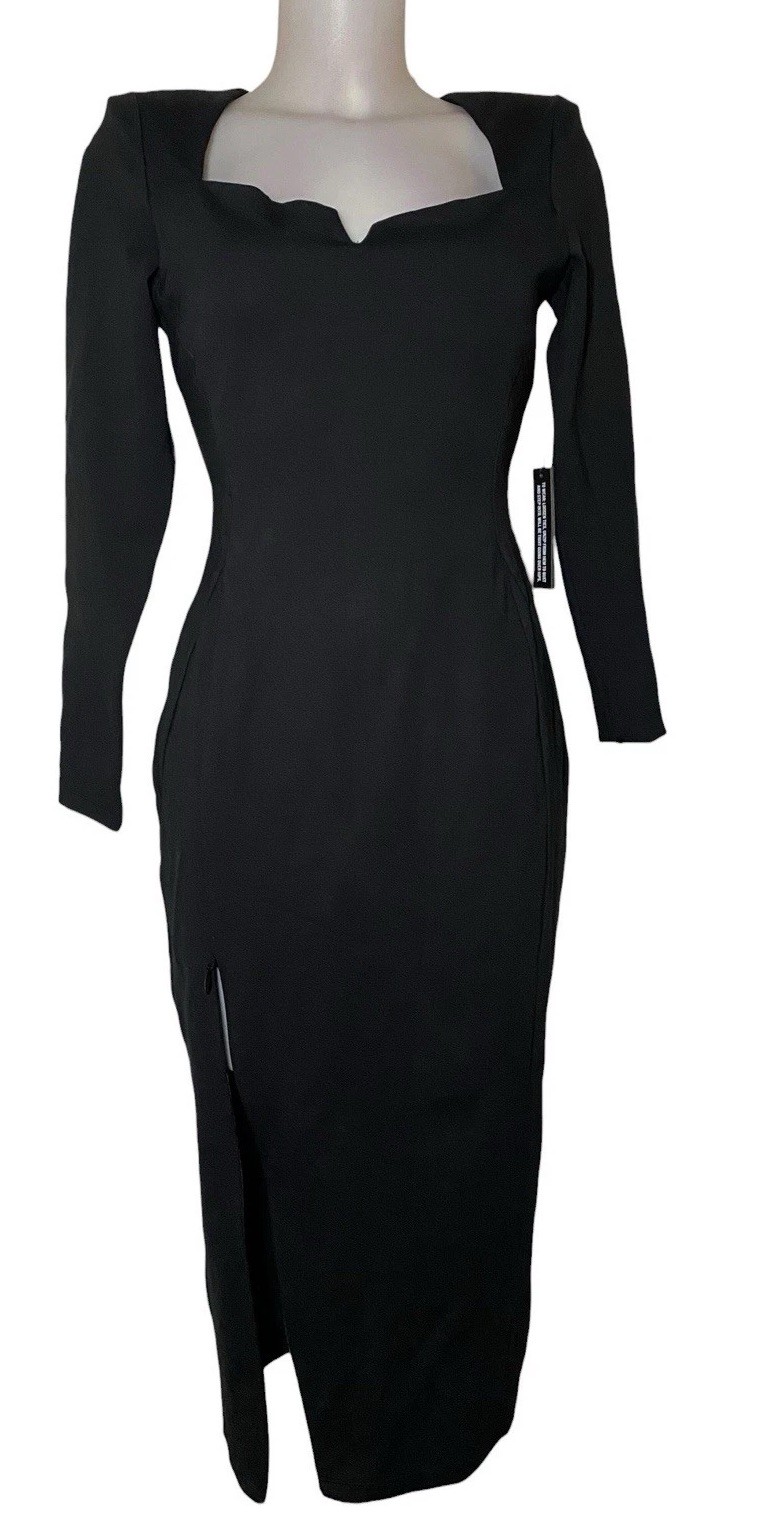 NWT TA3swim Sz M Women Black Notchy Long Sleeve Midi Dress Classic Preppy Formal