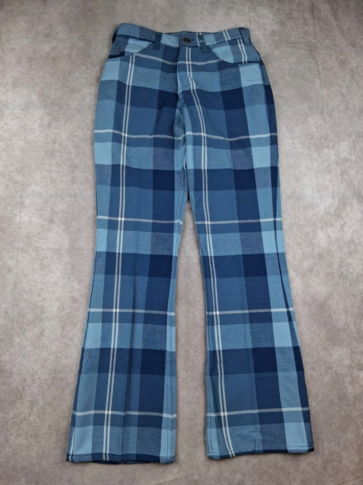 Vintage Levis Sta Prest Pants 28x30 Blue Plaid Big E Bell Flare 70s True USA Vintage Levis Sta Prest Pants 28x30 Blue Plaid Big E Bell Flare 70s True USA