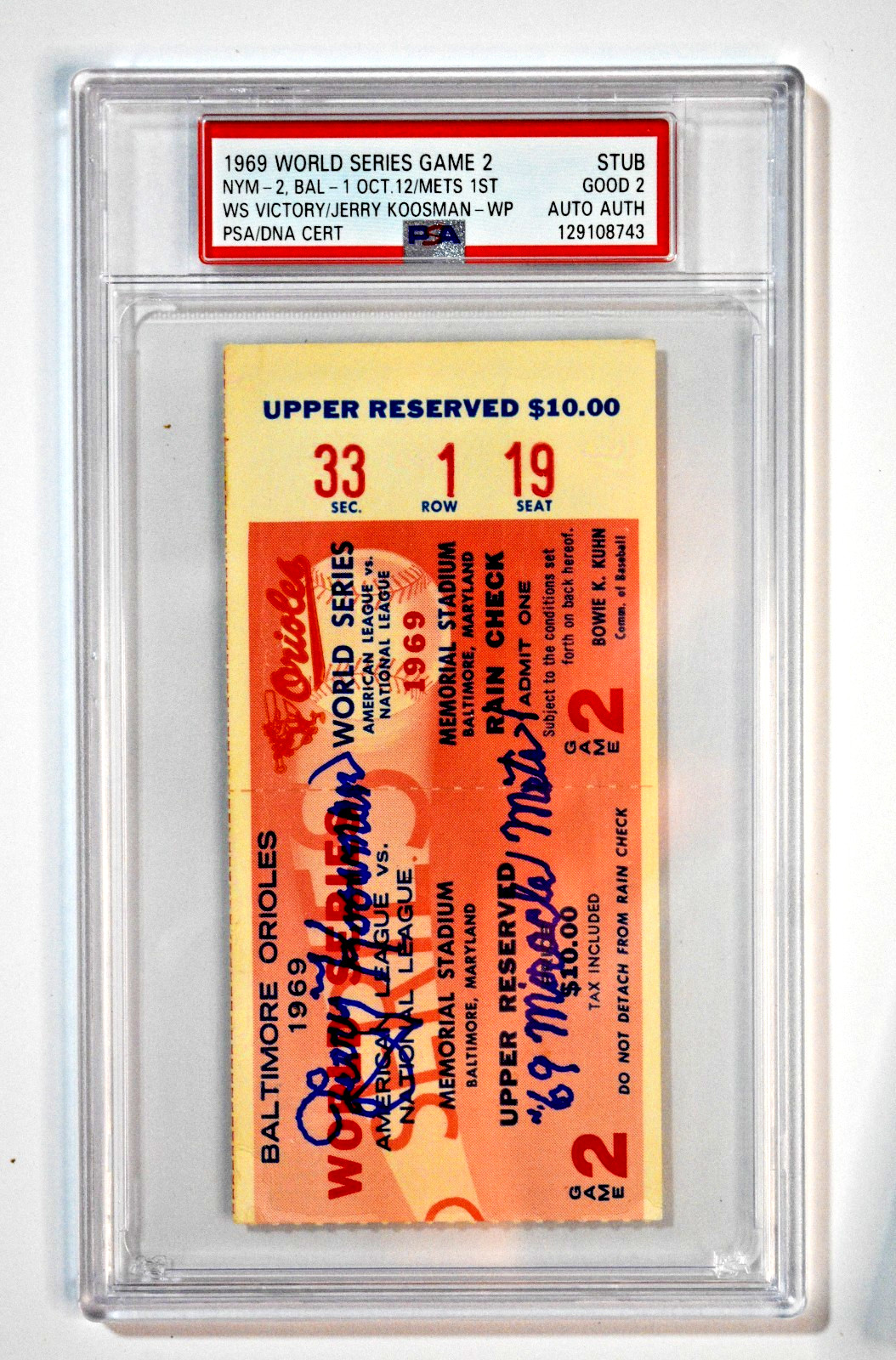 1969 World Series Game 2 Ticket Jerry Koosman Autograph PSA 2 Auto Miracle Mets 1969 World Series Game 2 Ticket Jerry Koosman Autograph PSA 2 Auto Miracle Mets