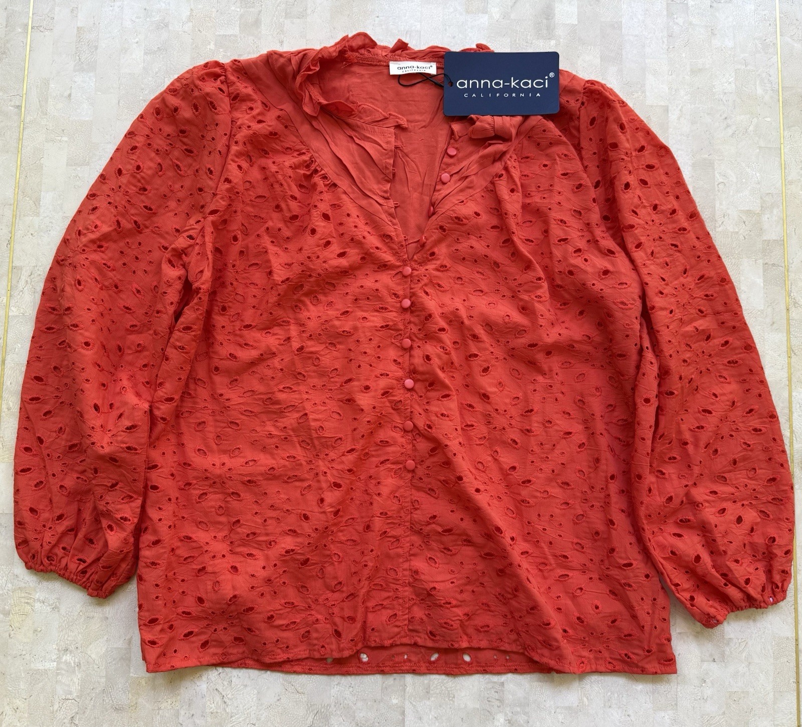 Anna Kaci Eyelet Peasant Top Blouse Boho Embroidered Red Coral Summer Sz M NWT