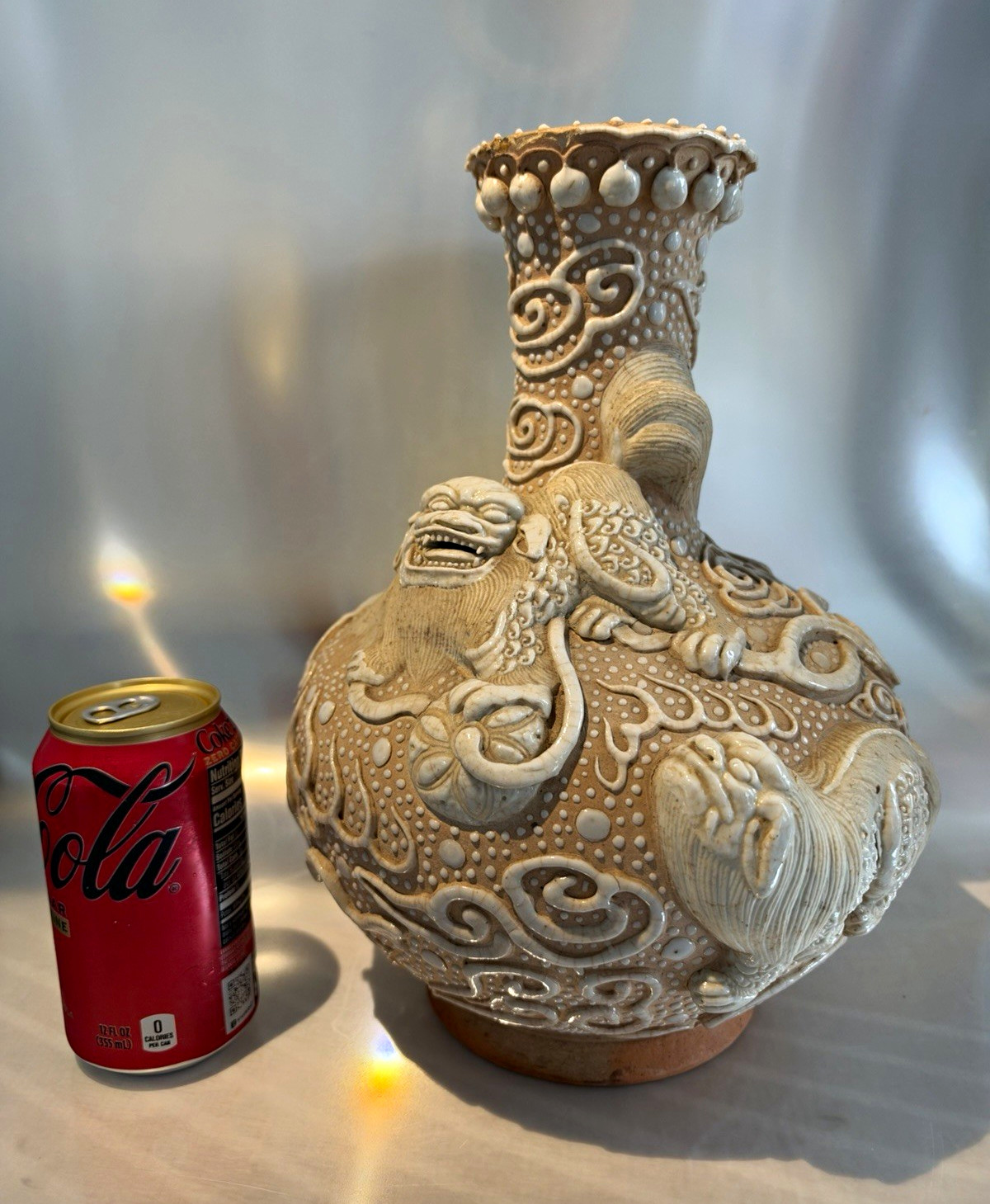 Large antique Chinese Relief Foo Lion Globular Vase