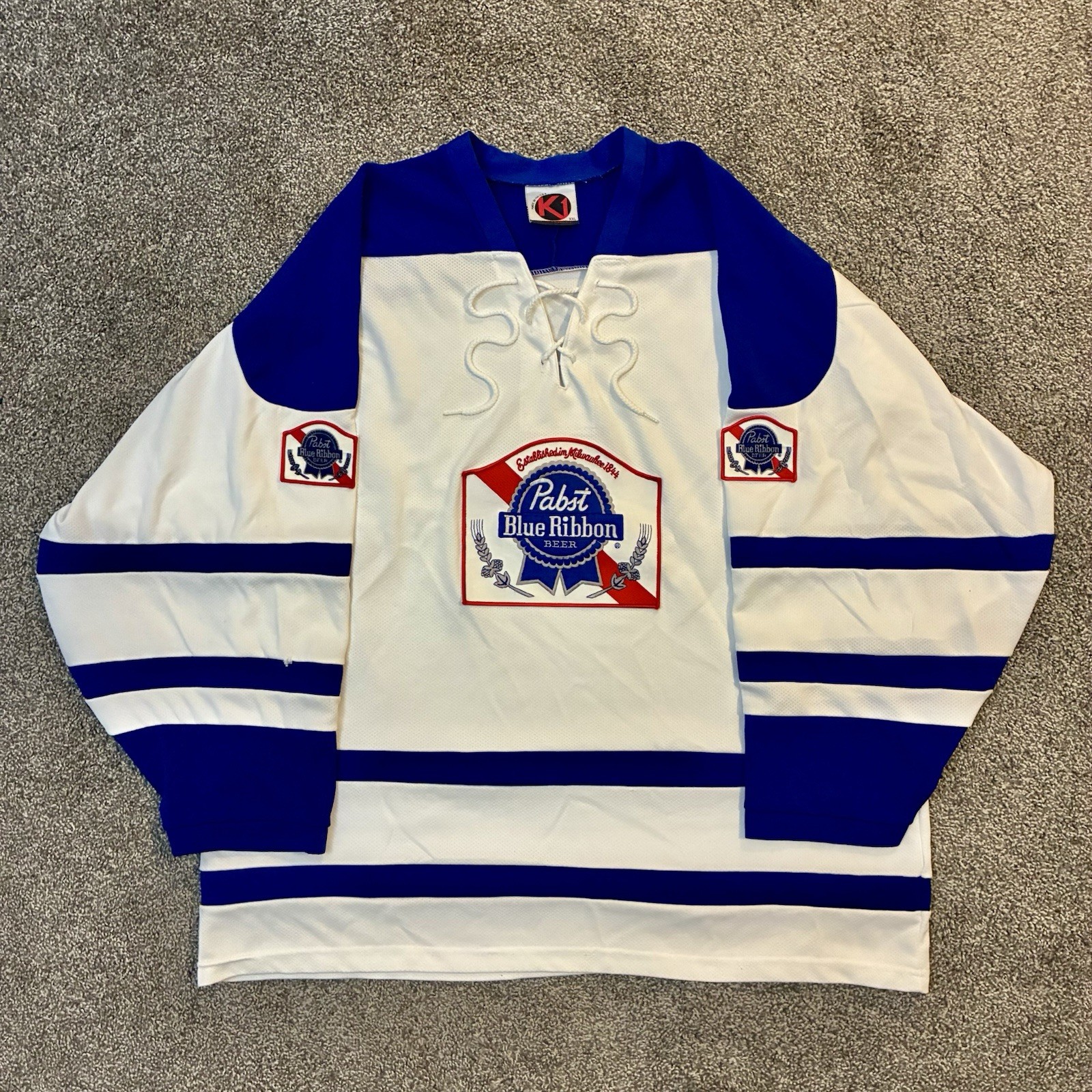 Vintage Pabst Blue Ribbon PBR Hockey Jersey K1 Sportswear XXL Blue White USA