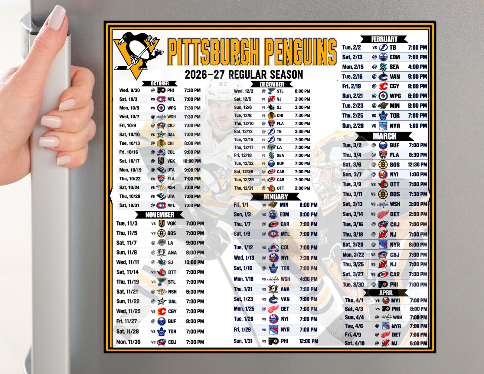 Pittsburgh Penguins Hockey Schedule 2026-27 Season LARGE Magnet (8x8 inches) Pittsburgh Penguins Hockey Schedule 2026-27 Season LARGE Magnet (8x8 inches)