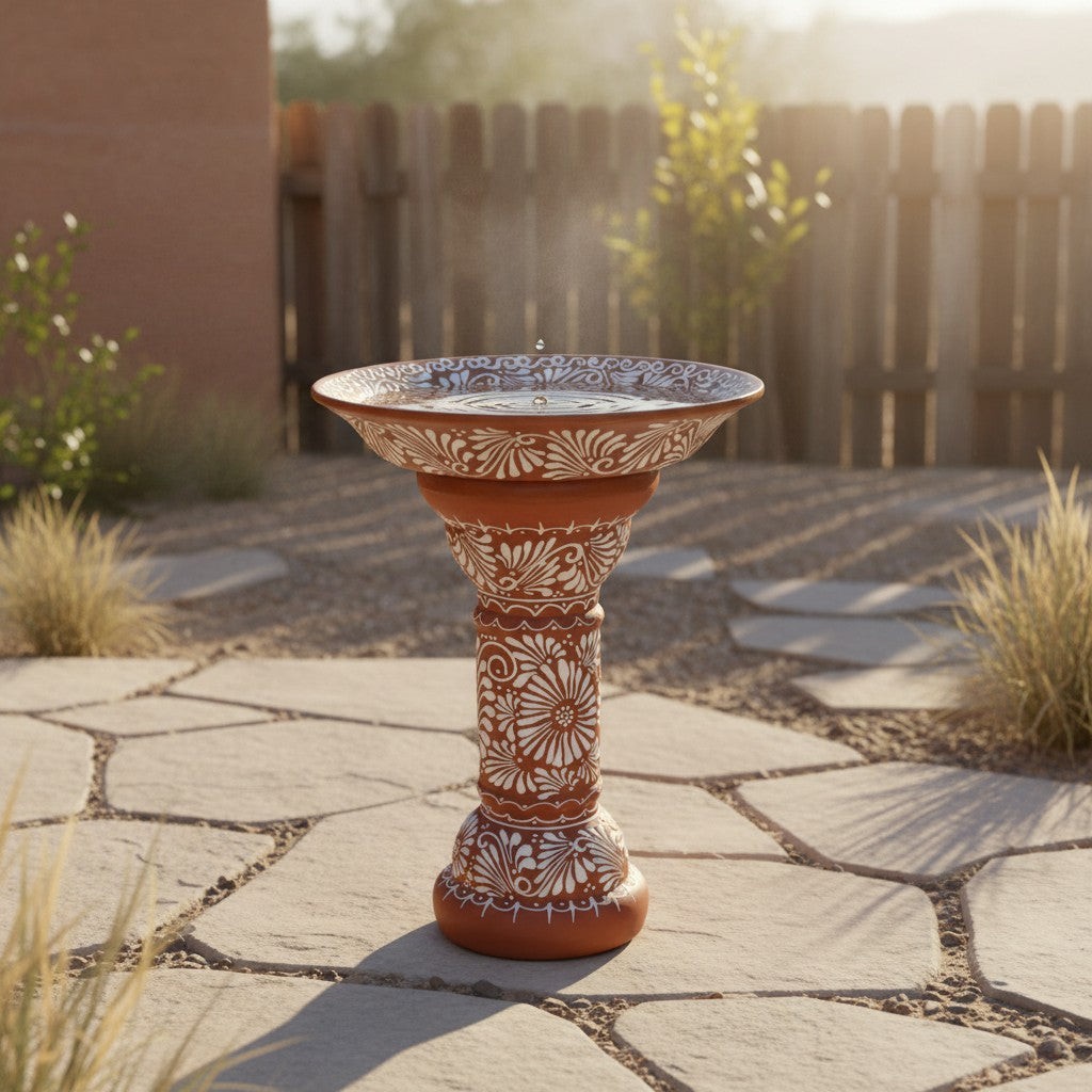 Brown & White Talavera Bird Bath | Handcrafted Garden Accent